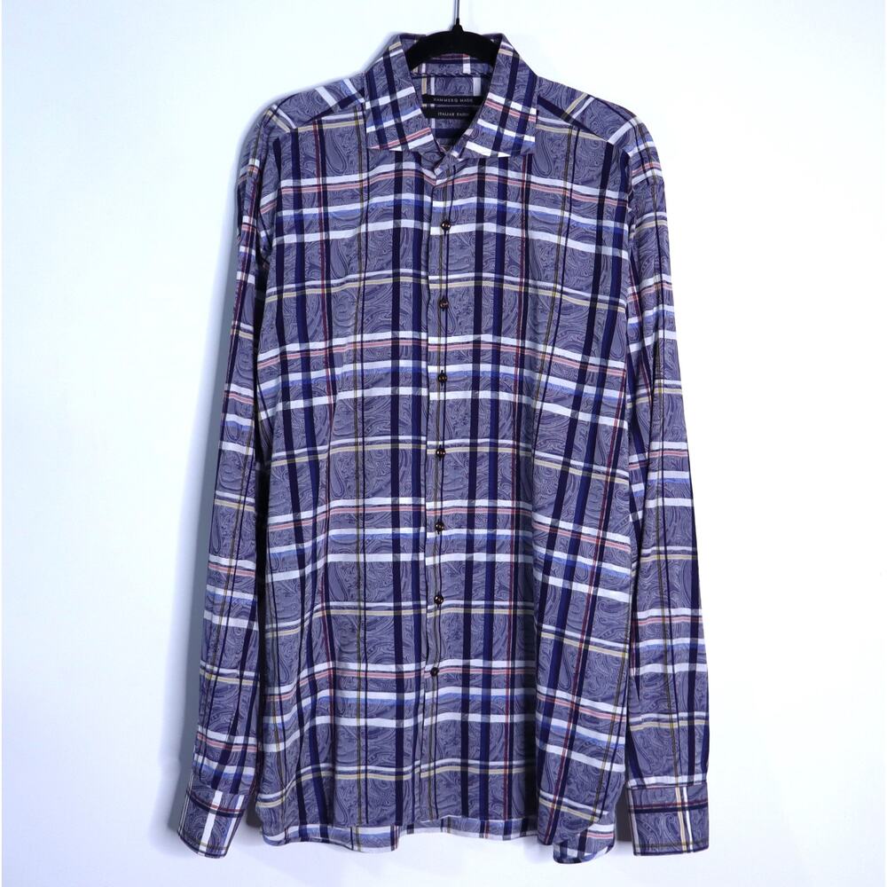 HAMMER MADE Plaid Paisley Print Dress Shirt Purple Button Up Men's 44/17.5